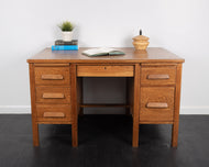 Mid Century Oak Desk with Six Drawers